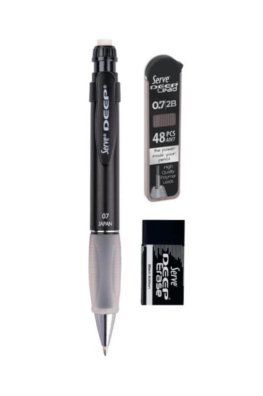 Serve Deep 3’lü Okul Seti – Metalik Siyah 0.7 mm Mekanik Versatil Kalem + 0.7 mm Min + Siyah Silgi