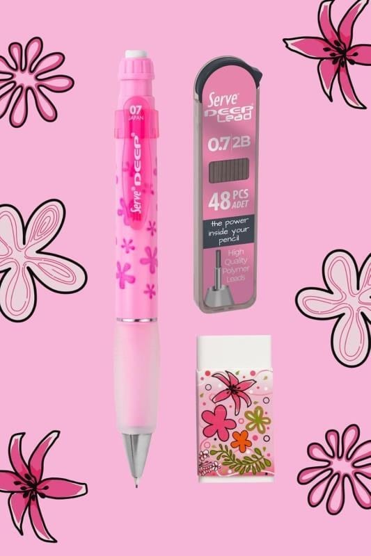 Serve Deep Doğa Serisi Çiçek Desenli 0.7 mm Versatil Kalem Seti – Şeker Pembe (Kalem + 48’li 2B Min + Silgi)