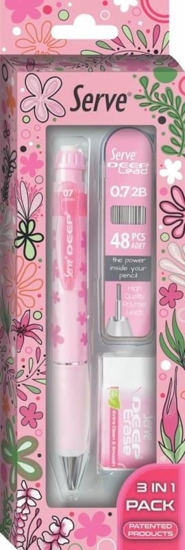 Serve Deep Doğa Serisi Çiçek Desenli 0.7 mm Versatil Kalem Seti – Şeker Pembe (Kalem + 48’li 2B Min + Silgi)