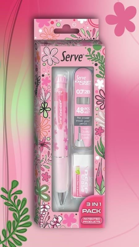 Serve Deep Doğa Serisi Çiçek Desenli 0.7 mm Versatil Kalem Seti – Şeker Pembe (Kalem + 48’li 2B Min + Silgi)