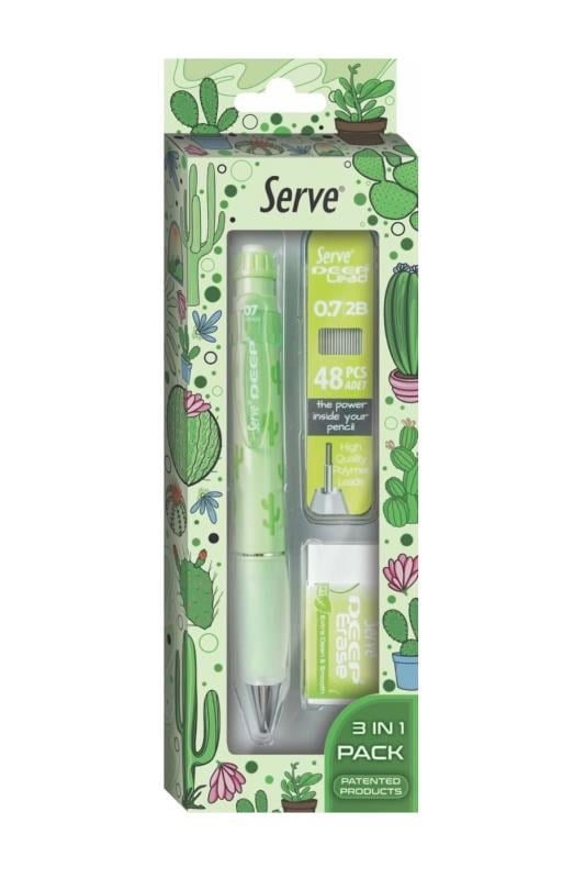 Serve Deep Doğa Serisi Kaktüs Desenli 0.7 mm Versatil Kalem Seti – Elma Yeşili (Kalem + 48’li 2B Min + Silgi)