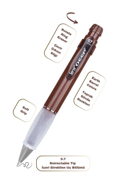 Serve Deep Toprak Tonları Serisi 0.7 mm Kalem Grip & Silgi Yedekli Set – Kahverengi Versatil Kalem Seti