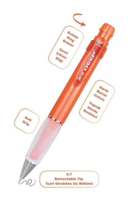 Serve Deep Toprak Tonları Serisi 0.7 mm Kalem Grip & Silgi Yedekli Set – Kiremit Versatil Kalem Seti