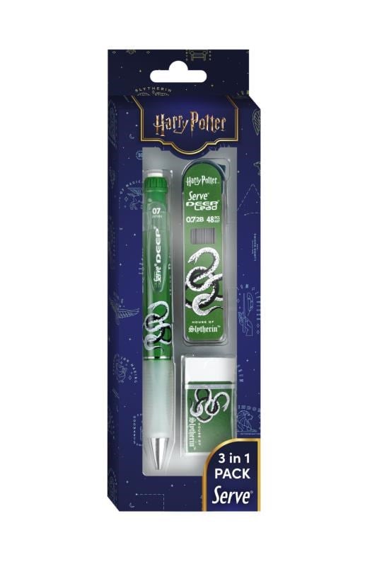 Serve Deep Üçlü Set 0.7 mm – Harry Potter Koleksiyonu Mekanik Versatil Kalem, 2B Min (48’li) & PVC’siz Silgi Seti - Koyu Yeşil