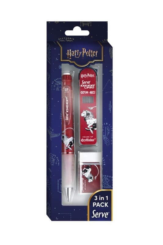 Serve Deep Üçlü Set 0.7 mm – Harry Potter Koleksiyonu Mekanik Versatil Kalem, 2B Min (48’li) & PVC’siz Silgi Seti - Bordo