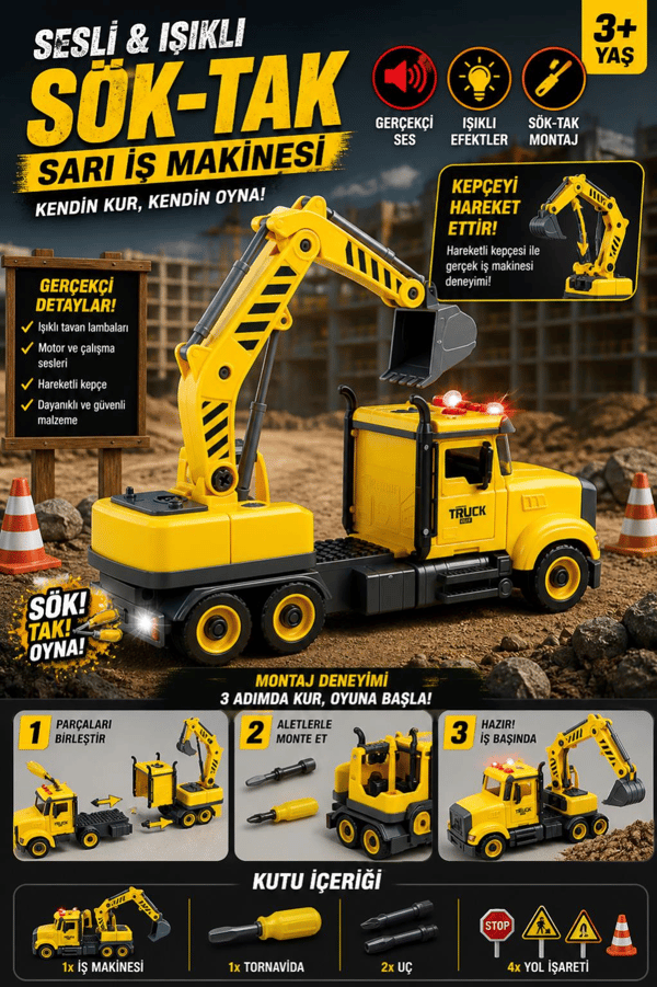 Sesli ve Işıklı Sök Tak Sarı İş Makinesi - YW9075B