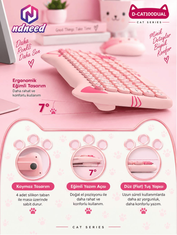 Sevimli Kedi Kablosuz Klavye ve Mouse Seti Bluetooth + 2.4G Dual Mode