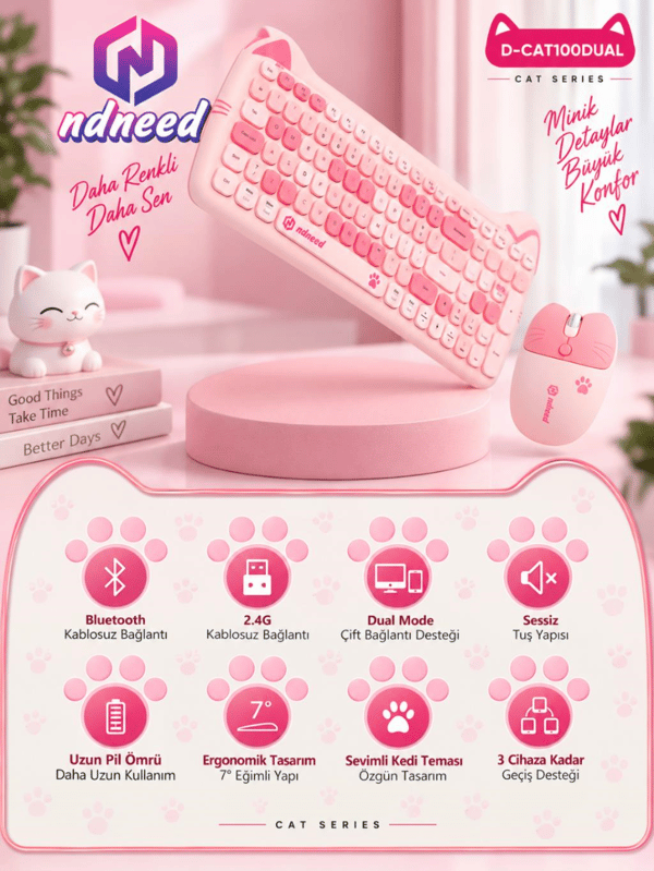 Sevimli Kedi Kablosuz Klavye ve Mouse Seti Bluetooth + 2.4G Dual Mode