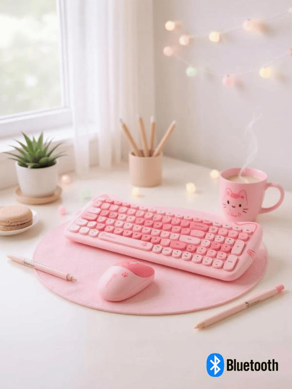 Sevimli Kedi Kablosuz Klavye ve Mouse Seti Bluetooth + 2.4G Dual Mode