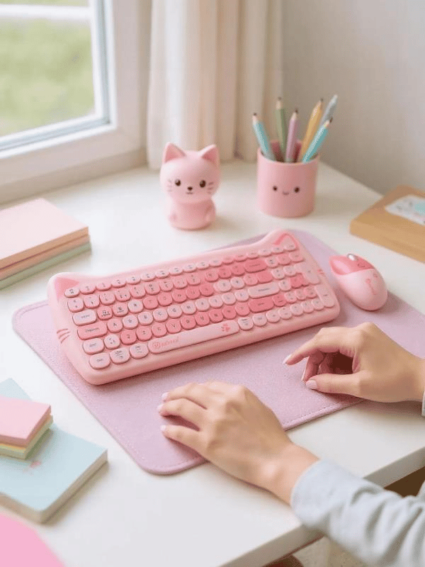 Sevimli Kedi Kablosuz Klavye ve Mouse Seti Bluetooth + 2.4G Dual Mode