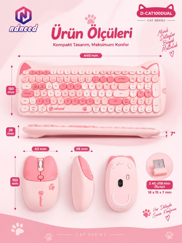 Sevimli Kedi Kablosuz Klavye ve Mouse Seti Bluetooth + 2.4G Dual Mode