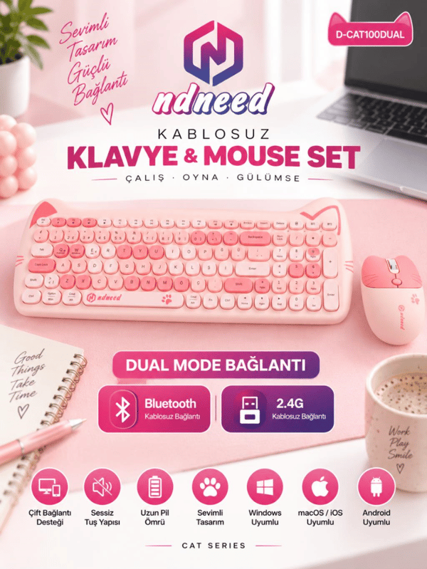 Sevimli Kedi Kablosuz Klavye ve Mouse Seti Bluetooth + 2.4G Dual Mode