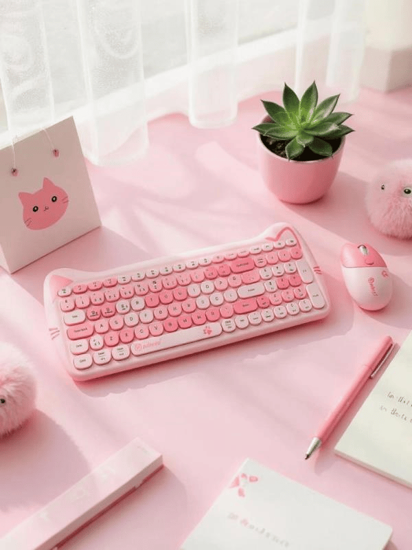 Sevimli Kedi Kablosuz Klavye ve Mouse Seti Bluetooth + 2.4G Dual Mode