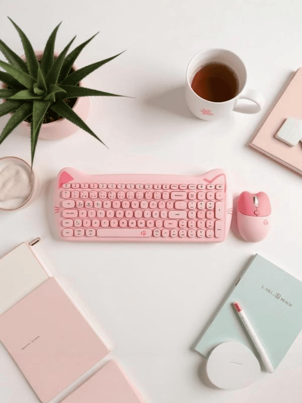Sevimli Kedi Kablosuz Klavye ve Mouse Seti Bluetooth + 2.4G Dual Mode