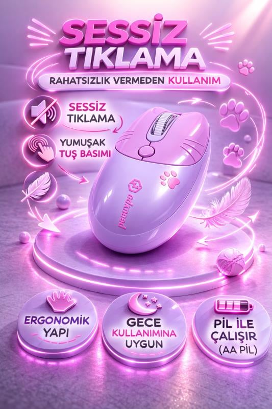 Sevimli Kedi Kablosuz Mor Mouse Bluetooth + 2.4G Dual Mode Catmouse