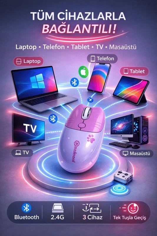 Sevimli Kedi Kablosuz Mor Mouse Bluetooth + 2.4G Dual Mode Catmouse