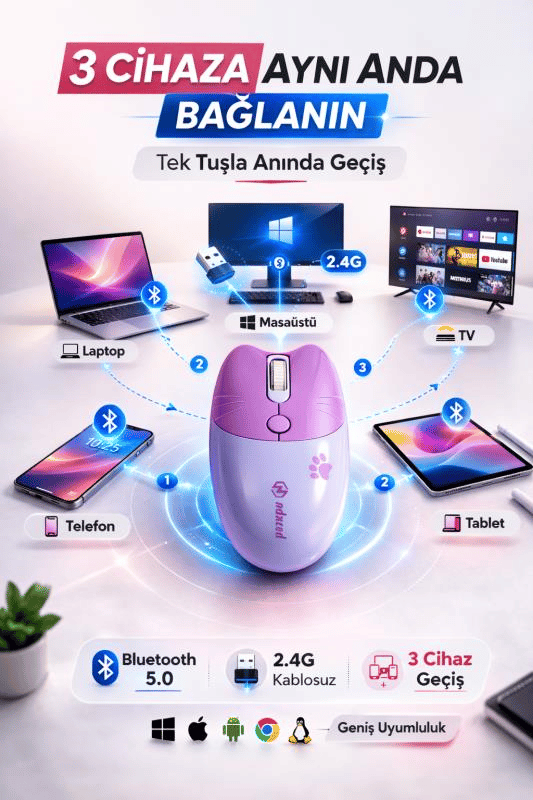 Sevimli Kedi Kablosuz Mor Mouse Bluetooth + 2.4G Dual Mode Catmouse