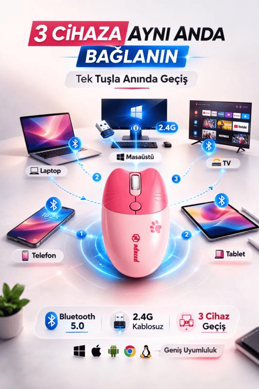Sevimli Kedi Kablosuz Pembe Mouse Bluetooth + 2.4G Dual Mode Catmouse