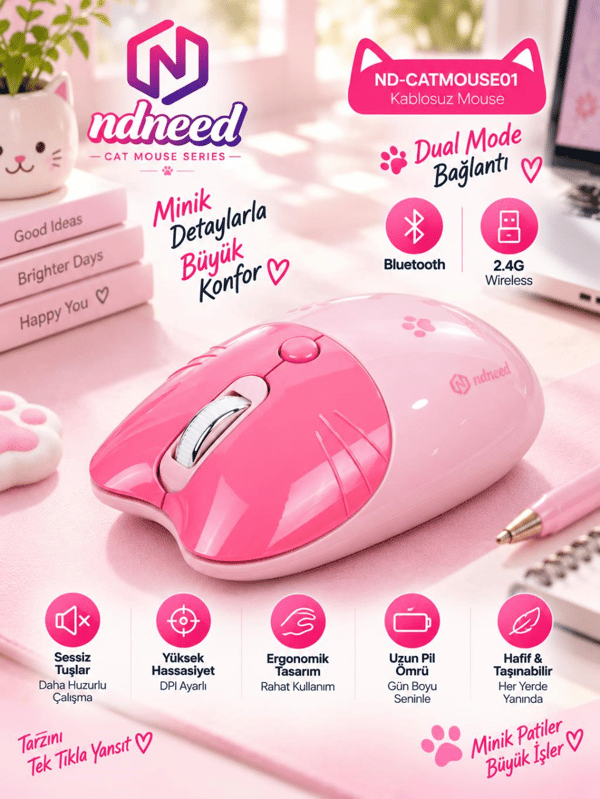 Sevimli Kedi Kablosuz Pembe Mouse Bluetooth + 2.4G Dual Mode Catmouse