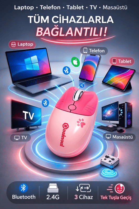Sevimli Kedi Kablosuz Pembe Mouse Bluetooth + 2.4G Dual Mode Catmouse