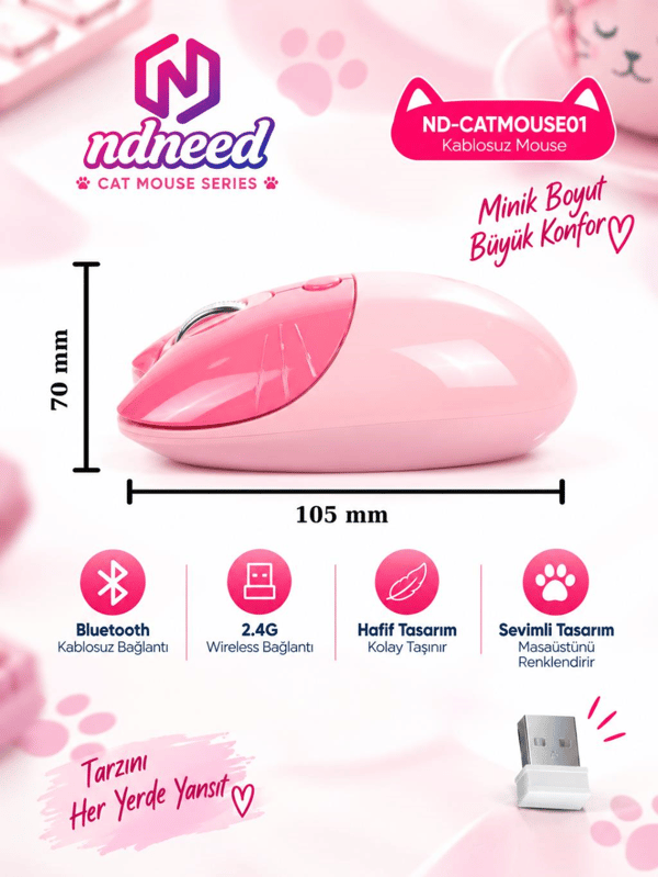Sevimli Kedi Kablosuz Pembe Mouse Bluetooth + 2.4G Dual Mode Catmouse