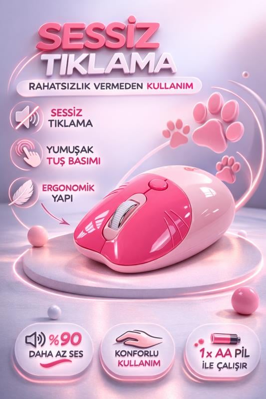 Sevimli Kedi Kablosuz Pembe Mouse Bluetooth + 2.4G Dual Mode Catmouse
