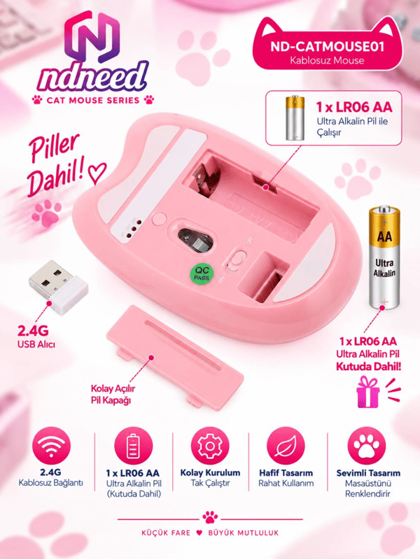 Sevimli Kedi Kablosuz Pembe Mouse Bluetooth + 2.4G Dual Mode Catmouse