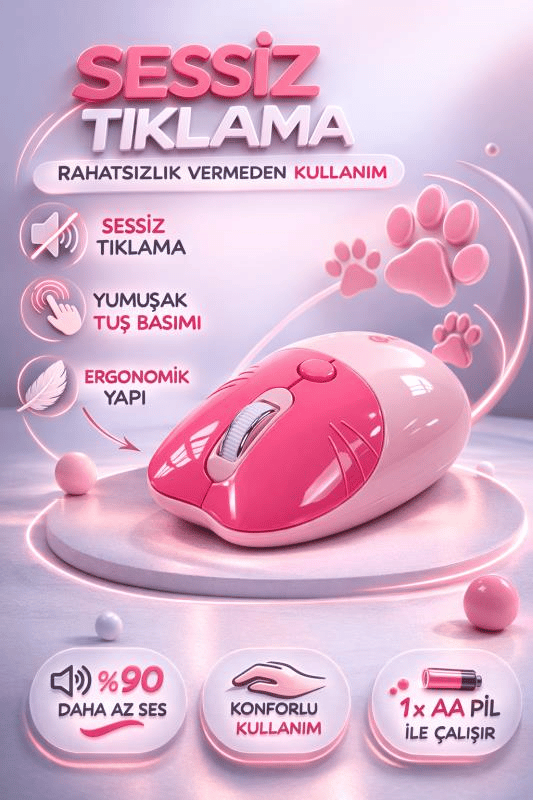 Sevimli Kedi Kablosuz Pembe Mouse Bluetooth + 2.4G Dual Mode Catmouse