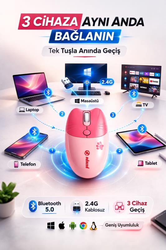Sevimli Kedi Kablosuz Pembe Mouse Bluetooth + 2.4G Dual Mode Catmouse