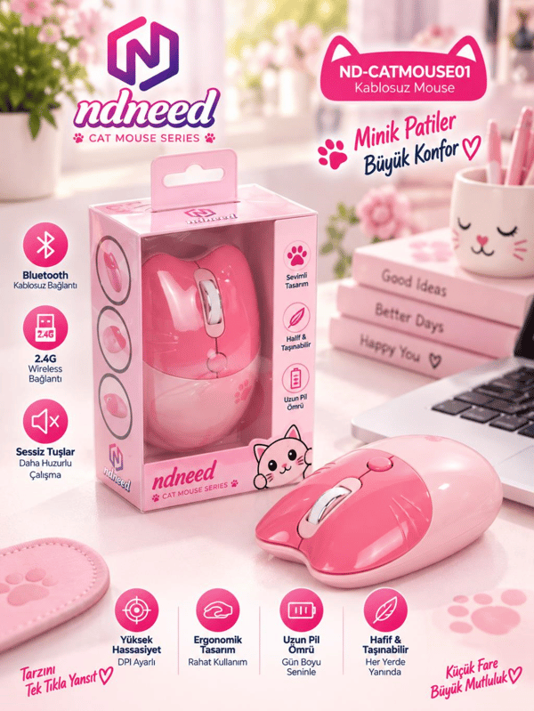 Sevimli Kedi Kablosuz Pembe Mouse Bluetooth + 2.4G Dual Mode Catmouse