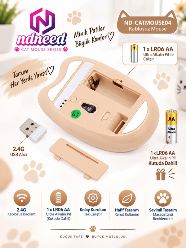 Sevimli Kedi Kablosuz Pudra-Bej Mouse Bluetooth + Dual Mode Catmouse