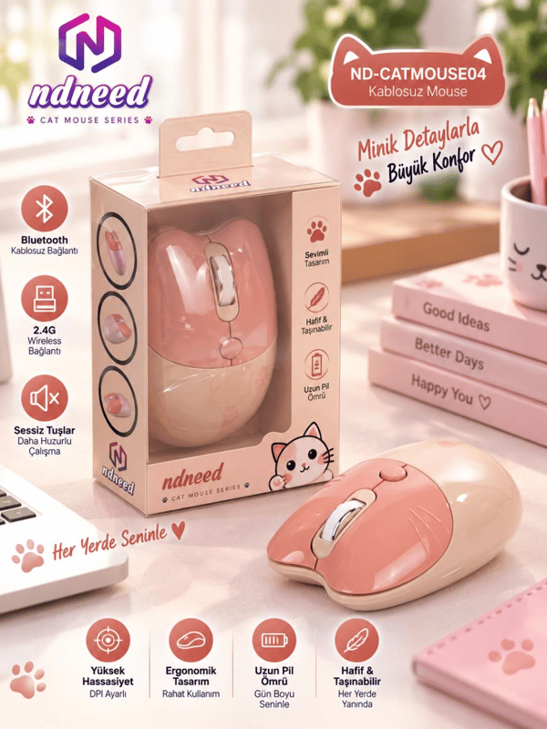 Sevimli Kedi Kablosuz Pudra-Bej Mouse Bluetooth + Dual Mode Catmouse