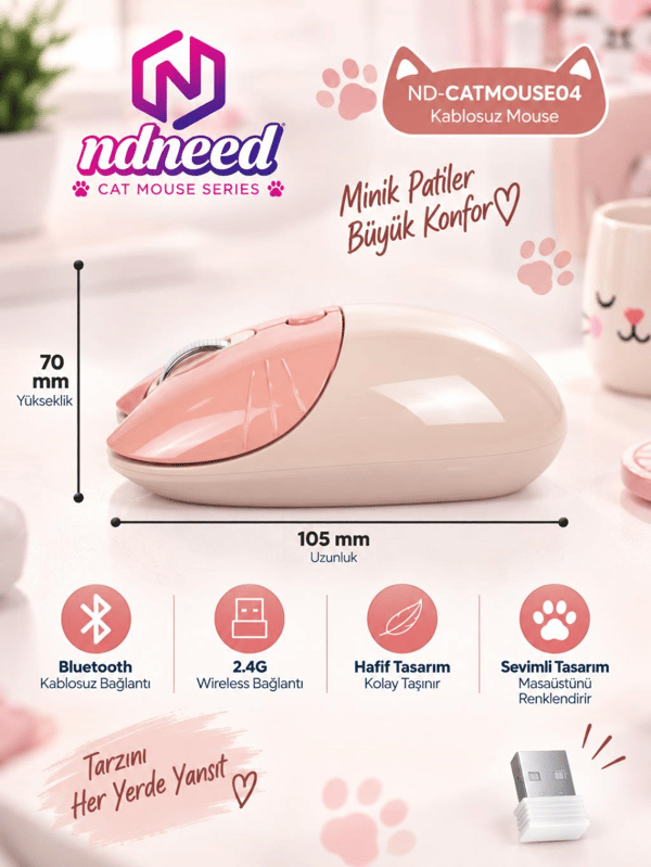 Sevimli Kedi Kablosuz Pudra-Bej Mouse Bluetooth + Dual Mode Catmouse