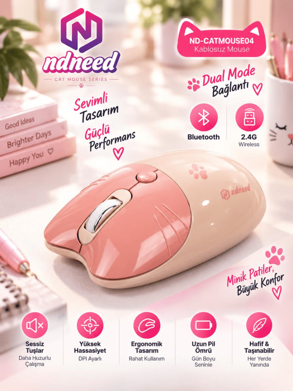 Sevimli Kedi Kablosuz Pudra-Bej Mouse Bluetooth + Dual Mode Catmouse