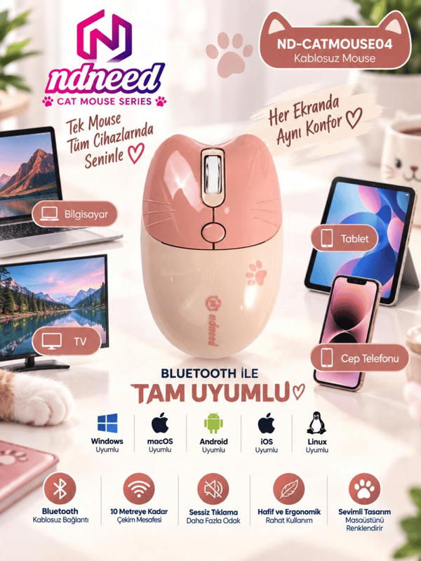 Sevimli Kedi Kablosuz Pudra-Bej Mouse Bluetooth + Dual Mode Catmouse