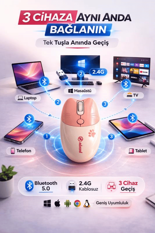 Sevimli Kedi Kablosuz Pudra-Bej Mouse Bluetooth + Dual Mode Catmouse