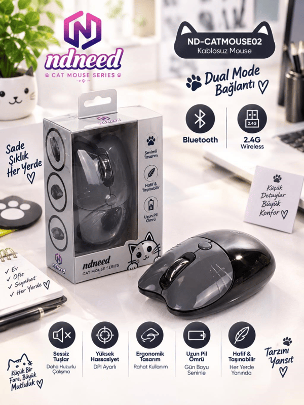 Sevimli Kedi Kablosuz Siyah Mouse Bluetooth + 2.4G Dual Mode Catmouse