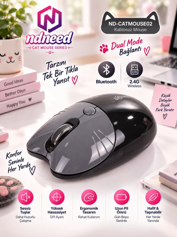 Sevimli Kedi Kablosuz Siyah Mouse Bluetooth + 2.4G Dual Mode Catmouse