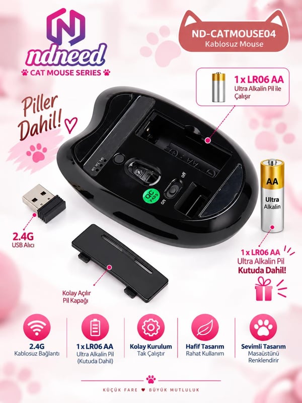 Sevimli Kedi Kablosuz Siyah Mouse Bluetooth + 2.4G Dual Mode Catmouse