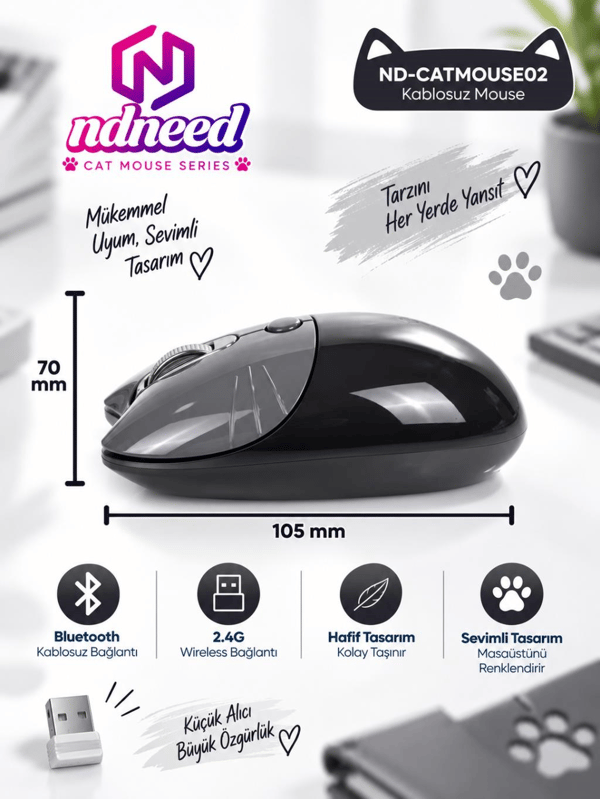 Sevimli Kedi Kablosuz Siyah Mouse Bluetooth + 2.4G Dual Mode Catmouse