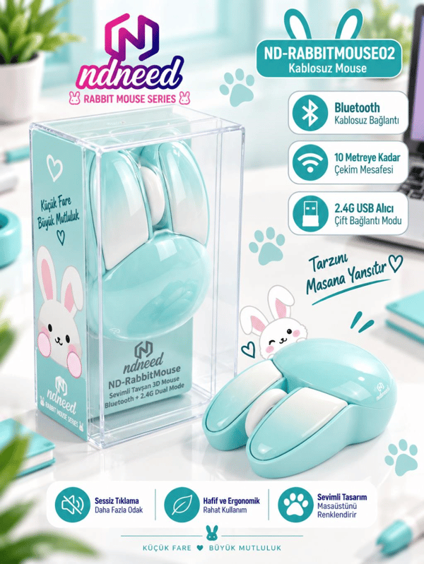 Sevimli Tavşan 3D Mavi Mouse Bluetooth + 2.4G Dual Mode
