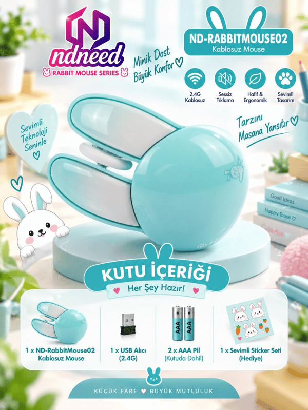 Sevimli Tavşan 3D Mavi Mouse Bluetooth + 2.4G Dual Mode