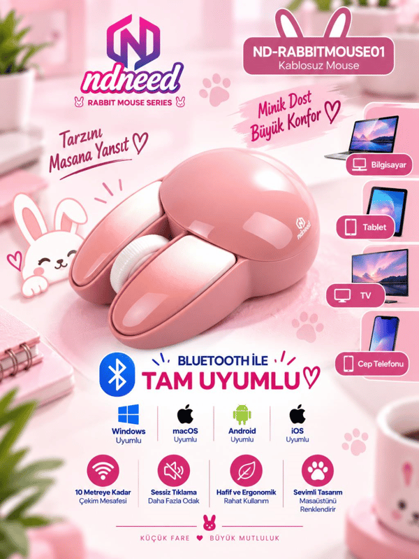 Sevimli Tavşan 3D Pembe Mouse Bluetooth + 2.4G Dual Mode