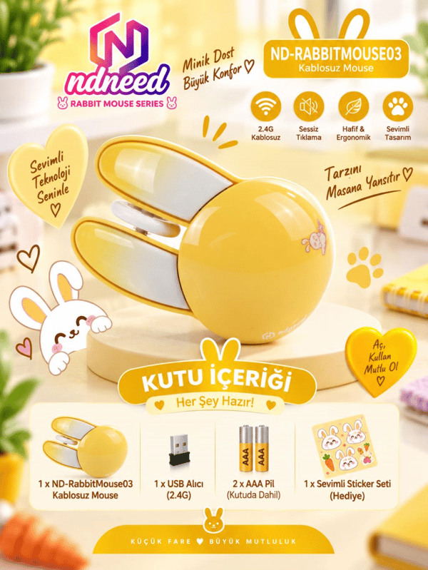 Sevimli Tavşan 3D Sarı Mouse Bluetooth + 2.4G Dual Mode