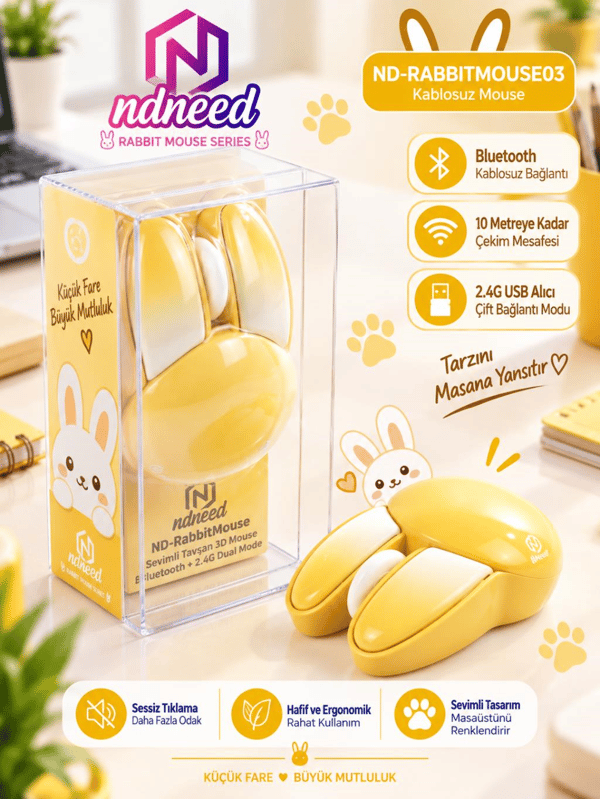 Sevimli Tavşan 3D Sarı Mouse Bluetooth + 2.4G Dual Mode