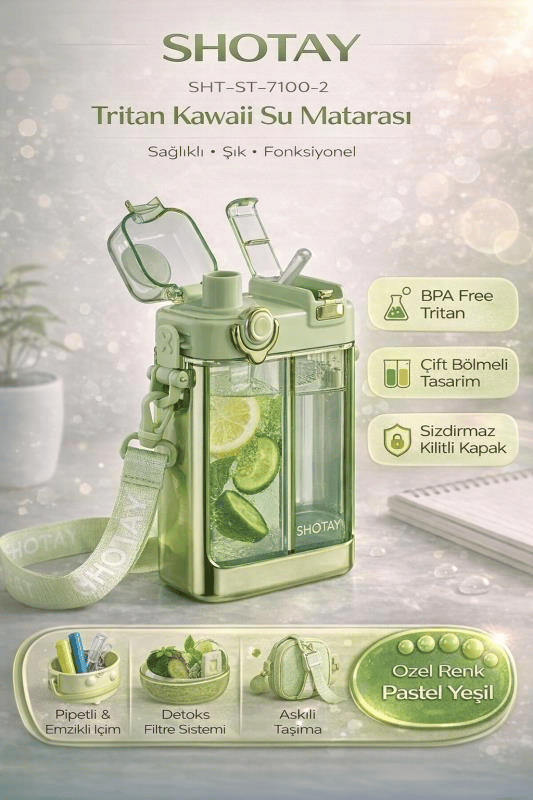 Shotay Çift Gözlü Bpa Free Tritan 700 ml Pastel Yeşil Plastik Matara - SHT-ST-7100