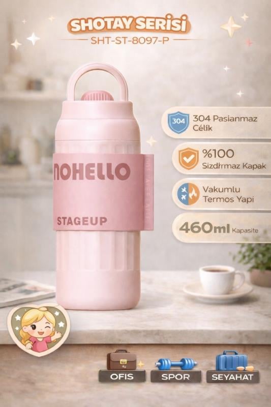 Shotay Fashion Çelik Termos Matara 460 ML Pembe - SHT-ST-8097