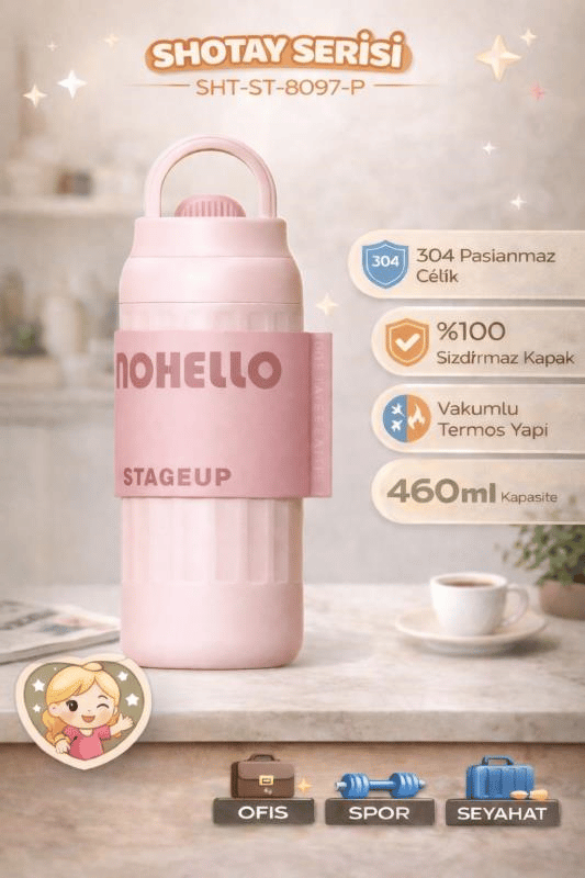 Shotay Fashion Çelik Termos Matara 460 ML Pembe - SHT-ST-8097