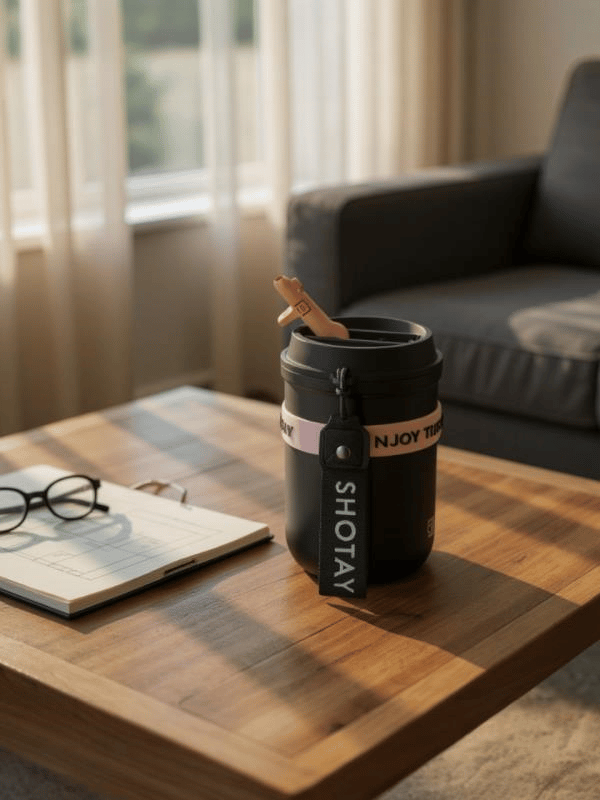 Shotay Strow Coffe Çelik Mug 410 ML Siyah Renk - SHT-ST-8136