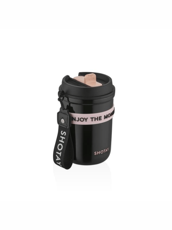 Shotay Strow Coffe Çelik Mug 410 ML Siyah Renk - SHT-ST-8136